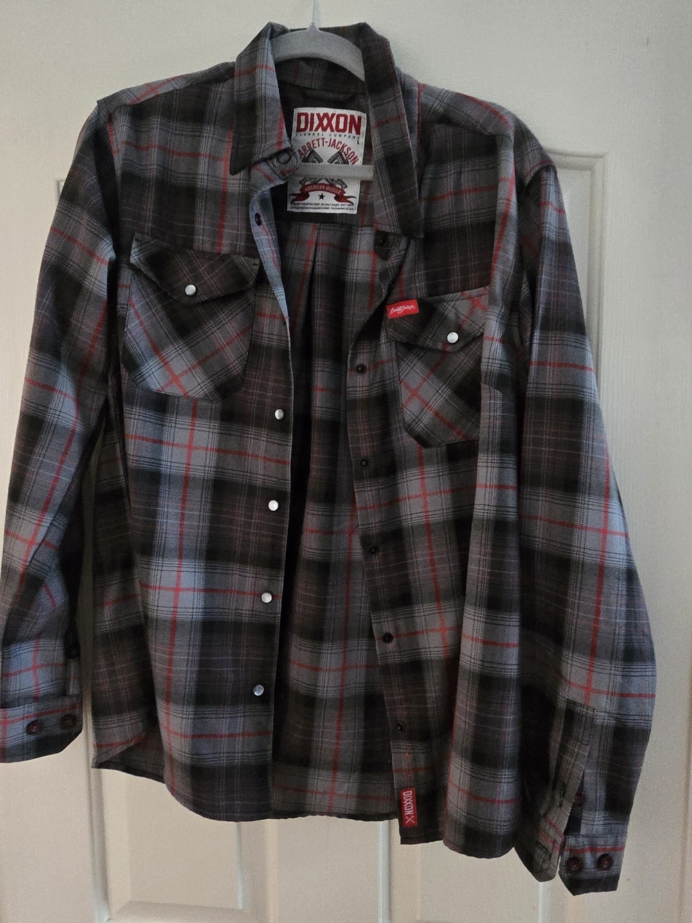 DIXXON Barrett Jackson Gray Plaid Flannel Shirt with Red Accents